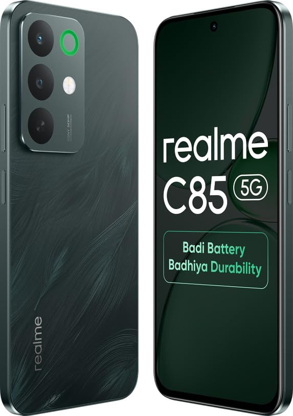 Image of realme C85 5G Smartphone (Peacock Green, 4GB RAM, 128GB Storage) | MediaTek Dimensity 6300 | 7,000mAh Battery | 50MP Rear Camera | 8MP Front Camera | 6.8-inch HD+ Display | Android 16