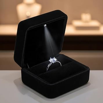LED Ring Box Light Up Wedding Ring Box for Engagement Luxury Black Velvet Jewelry Presentation Box, Proposal & Wedding, Light Turns On When Opening