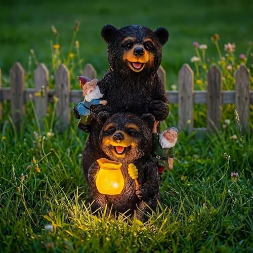 PETAFLOP Solar Garden Decor, Bear Family Statue with Glowing Honey