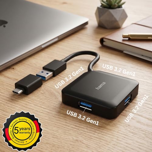 Image of Hama 4-in-1 USB 3.2 Hub - 4-Port USB-A Splitter | with USB-C Adapter, 5Gbps Fast Data Transfer, Plug & Play Expander for Laptop, MacBook, PC & Type-C Devices 5 Years Warranty