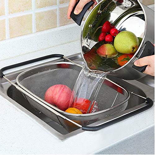 BAKAJI Cestello Scolapasta Estensibile per Lavello Cucina Colpasta Lava Verdure Frutta in Acciaio Inox con Manici Allungabili Fino a 55cm Accessori Cucina