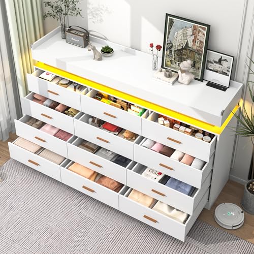 Image of jiteentarou 12 Drawer Dresser with Charging Station and LED Lights, Modern Chest of Drawers with Power Outlet, Organizer Cabinet for Bedroom, Living Room, Entryway, White