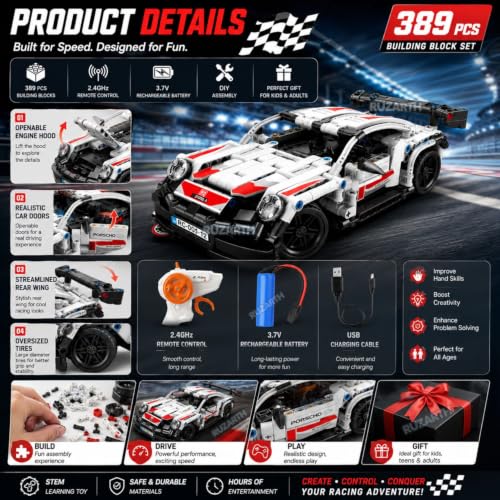 Image of RC Building Blocks Sports Car 389 PCS DIY Racing Car Kit with 2.4GHz Remote Control Rechargeable Battery 1:16 Scale STEM Construction Toy Birthday Gift for Boys & Girls 6-15 Years