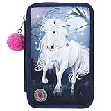 Depesche 11543 Miss Melody - Gefüllte 3-fach Federtasche mit LED und traumhaftem Pferde-Motiv, dunkelblaue Federmappe ca. 7,5 x 13 x 20 cm groß, mit Filz- und Buntstiften, Lineal, Schere, Kleber, uvm.