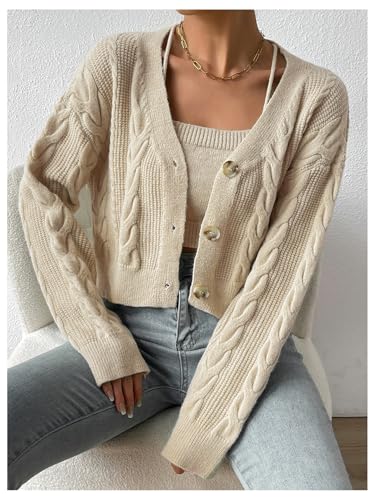 Image of MakeMeChic Women's Two Piece Outfit Cable Knit Cropped Cardigan Sweater and Cami Crop Top Set Apricot Medium
