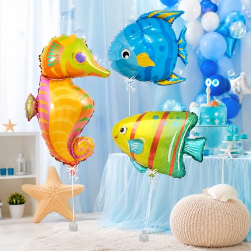 Image of 3 Pcs Ocean Theme Foil Balloon Set for Birthday Party Decoration | Seahorse, Tropical Fish & Blue Fish Shape Helium Balloons | Under the Sea Mermaid Theme Kids Birthday