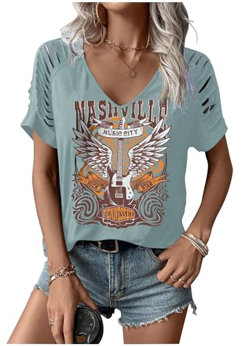 Womens Cut Out Cold Shoulder T Shirts Boho Floral Graphic Tshirts Nashville Country Lacerated Sleeve Cowgirls Tee Tops