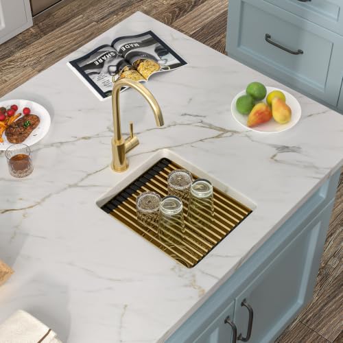 Image of 13 inchx15 inch Gold Bar Prep Sink Undermount Workstation | Brushed Gold NANO-PVD 16 Gauge T304 Stainless Steel Single Bowl Under Counter Basin for RV Kitchen Wet Bar Prep Station