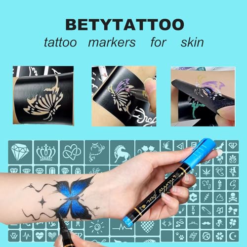 Temporary Tattoo Markers for Skin - Dual-End Tattoo Pens for Body & Face Art with 111 Tattoo Stencil Papers, 12 Pens Make Bold and Fine Lines, Cosmetic Quality(BETY-6)