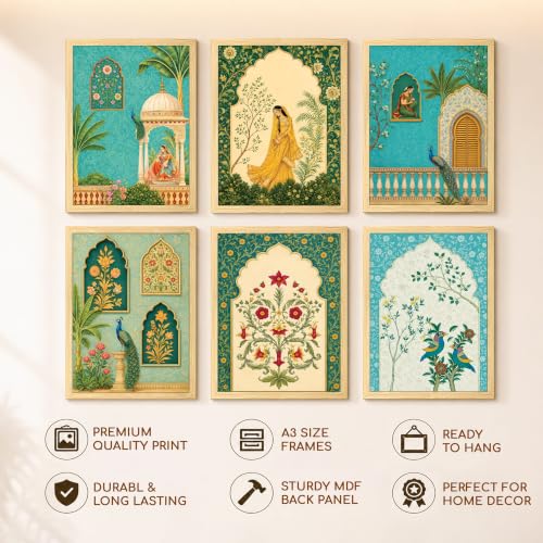 Image of PAINTINGMANTRA Madhubani Wall Paintings for living room, Mughal Queen Floral Madhubani Wall Art Painting with frame for Home wall Decoration, Office, Set of 6, 13x18 Inch