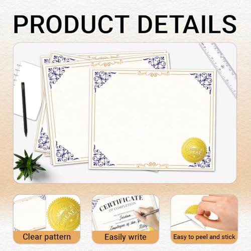 Doodlream 30 Stück Blanko Zertifikat für Den Abschluss mit Blauem und Goldenem Rand und 32 Stück Goldfolienaufklebern 20 x 25 cm Zertifikatspapier für Büroauszeichnungen Abschlussfeier Schuldiplom