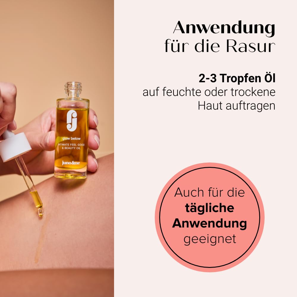 juno & me – Intimate Feel Good & Beauty Oil: After Shave Öl für Intimzone nach Rasur - mit 12 hochwertigen Ölen & Aloe Vera - bei Trockenheitsgefühl im Intimbereich - vegane Intimpflege Damen - 30ml