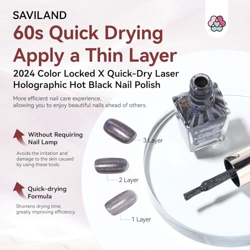 Image of SAVILAND Holographic Black Nail Polish: Metallic Chrome Nail Polish Air Dry Fast,10 ml /0.34 oz Winter Dark Black Glitter Nail Pigment Oil-based Shimmer Fingernail Polish for Salon DIY Home for Women