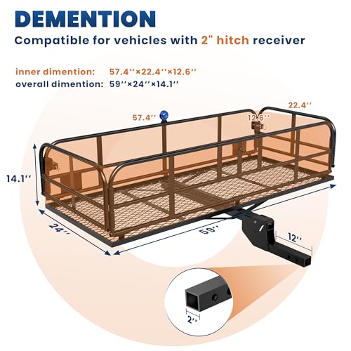 KUIPERAUTO 500 Lbs Folding Rack Hitch Mount Cargo Carrier, 2\" Hitch Receiver, 60\" x 24\" x 14\" Size,Bolt Lock Luggage Basket Heavy Duty Hitch Rear Trailer Cargo Rack Compatible for SUV Truck Pickup