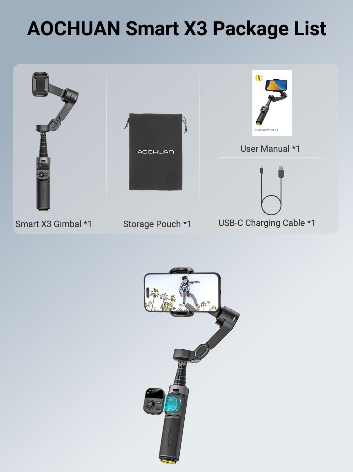 AOCHUAN Estabilizador de cardán de rotación panorámica de 360° para iPhone, control remoto magnético, estabilizador de 3 ejes con barra de extensión integrada y trípode abierto de un solo toque