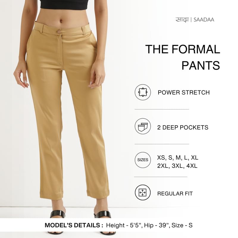 Image of SAADAA Women Pants Formal Straight Fit Cotton Satin Lycra Pant, Regular Fit Trouser for Office Work & Casual wear- Mid Rise, Elasticated Waistband, 4 Deep Pockets