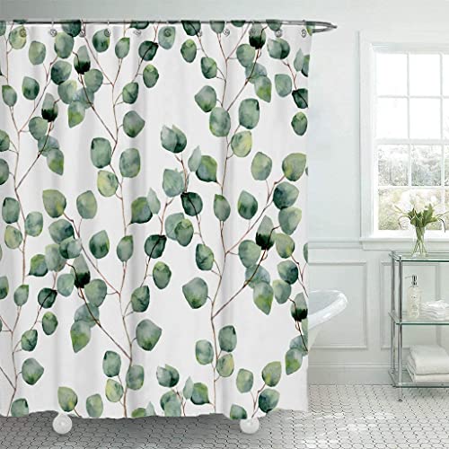 Home Bathroom Decorative Watercolor Green Flower Round Leaf Shower Curtain Printed Polyester Waterproof Curtain S.1 150x180cm Cover