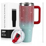 WATERSY 1182ml Edelstein Glitzer Isolierbecher, Edelstahl Thermobecher mit Griff und Strohhalm, Doppelwand Vakuum Kaffeebecher, Bling Tumbler Reisebecher für Frauen und Mädchen (Red & Green)