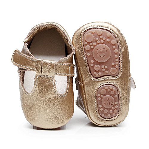 HONGTEYA Baby Boys Girls Fox Mary Jane Sandals Moccasins Shoes Rubber Sole Crib Toddler Leather Walking Prewalker (6-12 Months/US 5.5/4.92'' / See Size Chart, Gold)