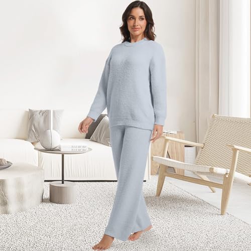 Image of BOSECETA 2 Piece Fleece Pajamas for Women Set Loungewear Outfits Knit Sweater Womens Long Sleeve Fuzzy Pajama Sets