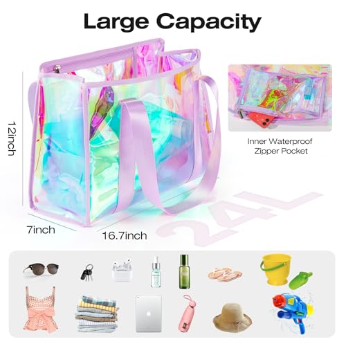 KUAK Iridescent Clear Beach Tote Bag for Women Girls Large Waterproof with Inner Zipper Pocket for Swim Pool Travel Vacation3