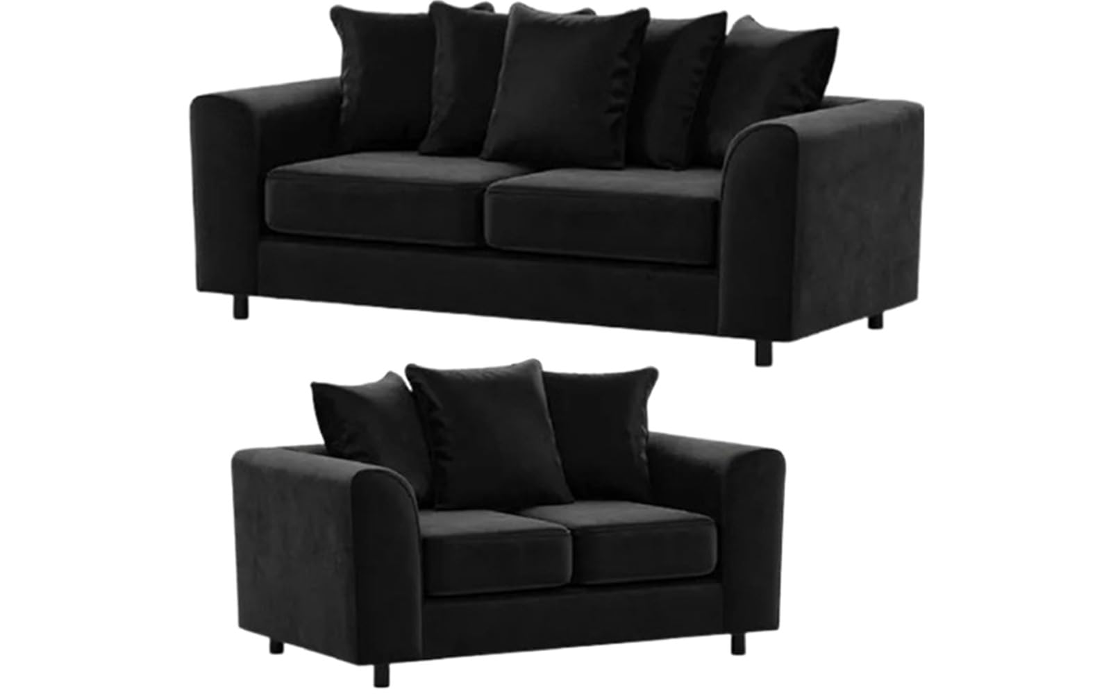 3&2 Settee Suite - Plush Velvet 3+2 Seater Sofa Set - Modern 3plus2 Seated Scatter Back Couch - Stylish 5 Seater Curved Arm Couches - Luxury Fabric Sofas for Living Room (Black, 3+2 Seater)
