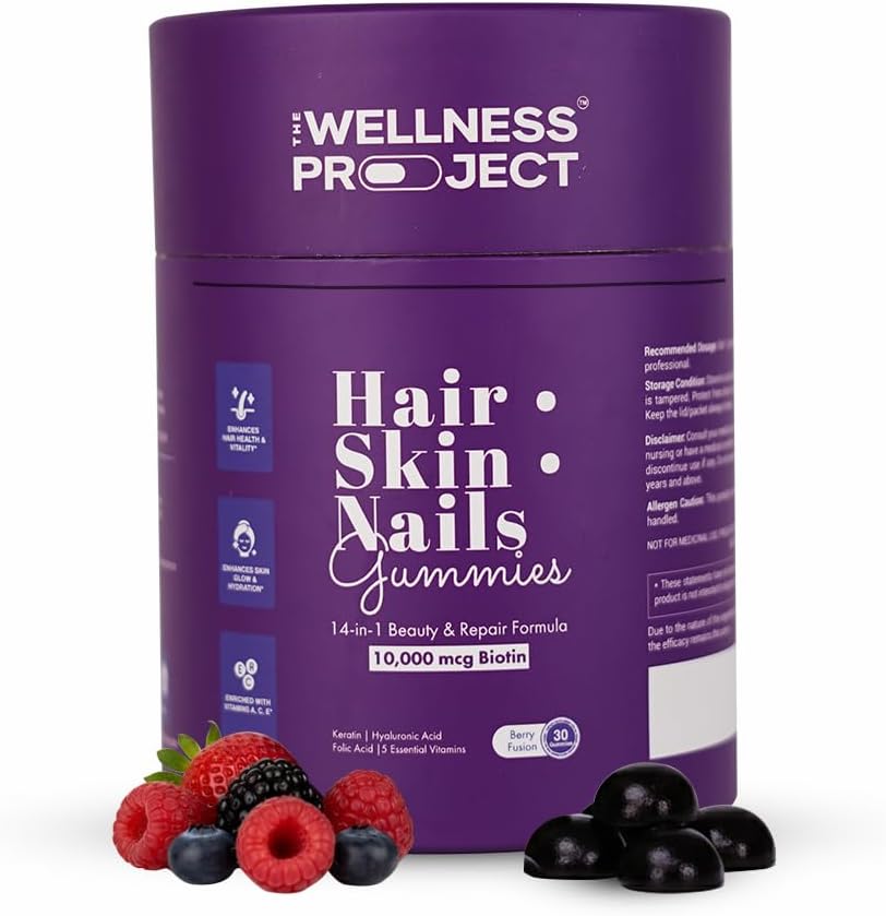 The Wellness Project 14-in-1 Hair, Skin & Nails Gummies with 10,000 mcg Biotin, Keratin, Hyaluronic & Folic Acid, Vitamins A, B5, B6 & B12 & Sea Buckthorn | for Women & Men | Tasty Mixed Berry Flavor
