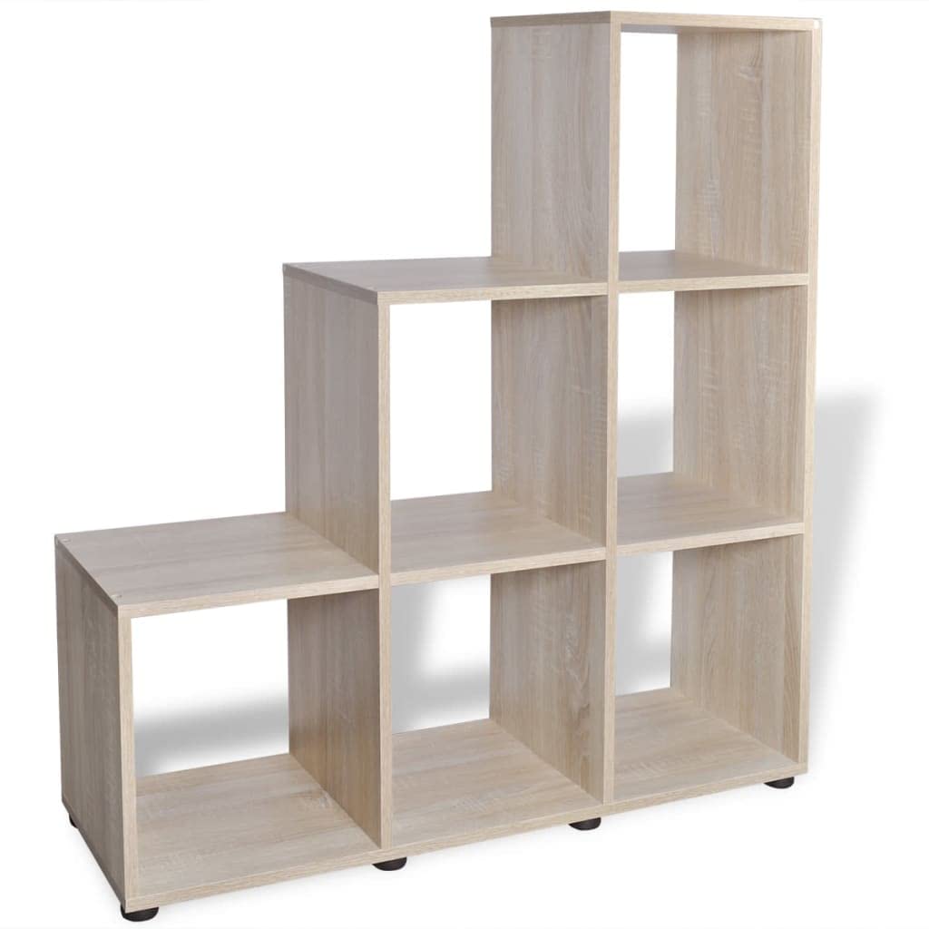 Regał schodowy, regał na książki, 107 cm, kolor dębu, z 6 otwartymi półkami, stabilny regał ścienny, ścianka działowa, trwały organizer, meble do salonu, gabinetu, pokoju dziecięcego