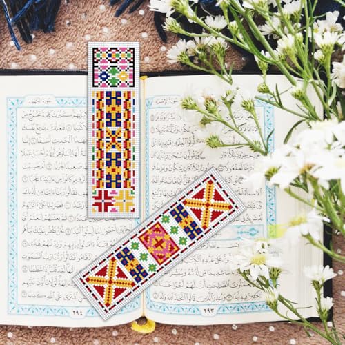 Image of BEUNITONE Cross Stitch Bookmark Kits 6 Pcs Traditional Decorative Patterns Counted Cross Stitch Kit Hand Stamped Embroidery Kit for Beginners Floral Fabric Bookmark Making Kit DIY 8''x2.4''
