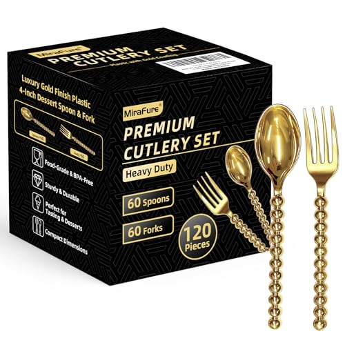 MiraFure Premium Gold Mini Dessert Utensils Set - 120-Piece (60 Forks & 60 Spoons) with Beaded Handle 4.4 Inch BPA-Free Plastic Appetizer Utensils for Parties Charcuterie Boards & Tasting Events