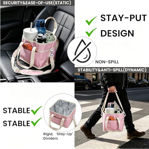 Drink Carrier Bag, 4 Compartment Drink Bag, Insulated 4 Cup Holder Bag with Handle &Strap, Family Multi Tumbler, Water Bottle Carrier Caddy, Reusable Beverage Carrier Tote for Travel (Pink) by ZYTONGMAO - Used condition - Image 2