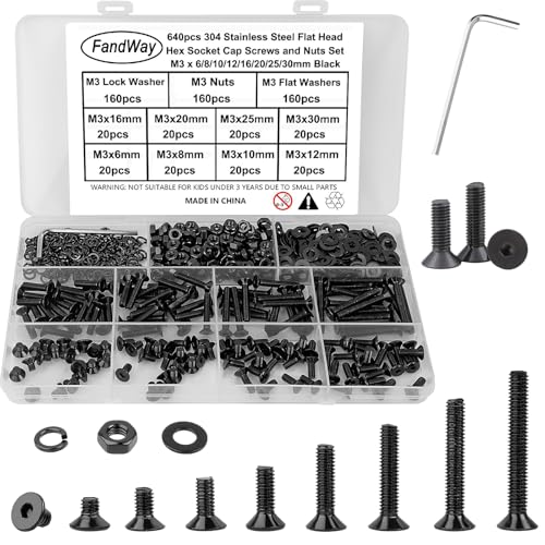 640 Pièces Boulon et écrous Rondelles Set,M3 Vis à Six Pans Creux Vis à Tête Fraisée Hexagonale DIN 7991,Vis à Métaux Tête Plate en Acier Inoxydable 304 Époxy Noir Assortiment Kit Avec 1 Clés Allen.