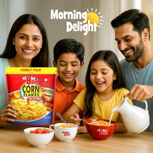 Image of 8AM Corn Flakes Family Pack 1kg, 92% Corn, 99% Fat Free, No Cholesterol, Trans Fat, Vitamin B3 & Iron, Crunchy & Nutritious Whole Grain Breakfast Cereal