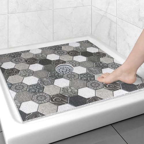 Image of Large Shower Mat Non Slip, 36x36 Inch Shower Floor Mat with Drain Hole in Middle, Super Soft and Comfortable PVC Loofah Massage Bath Mat for Shower, Anti Slip Shower Stall Mat, Quick Drying