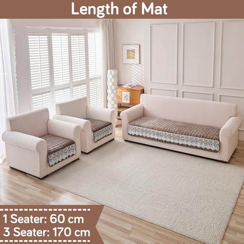 Image of HOKIPO 'BelleLace Series' Imperial Milk Velvet 5 Seater Set (3+1+1) Sofa Cover Mat for 311 Seater Sofa, Lace Design, Mocha Brown (AR-5966+5962 * 2-BRN)
