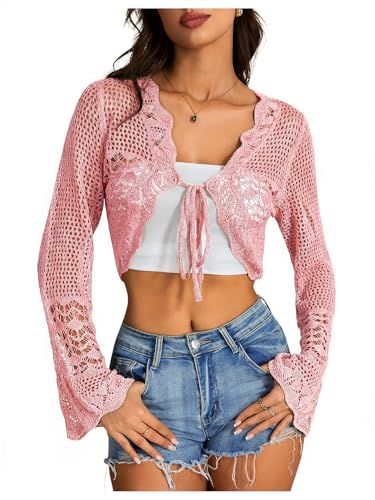 Image of OYOANGLE Women's Crochet Tie Front Sweater Cardigans Bell Sleeve Knitted Cropped Bolero Shrug Cardigan
