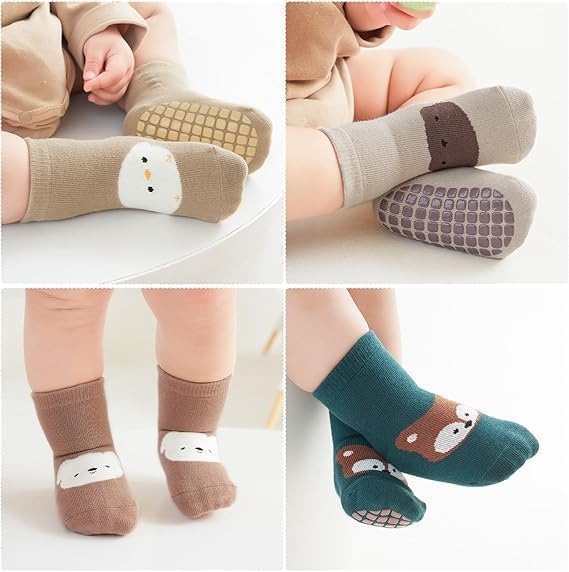 ZINLEY Baby Anti-Slip Cartoon Socks for Boys & Girls | Soft Cotton Non-Skid Socks with Grips for Infants & Toddlers | Breathable, Stretchable, Cute Animal Printed Baby Footwear (Cat Socks) 2