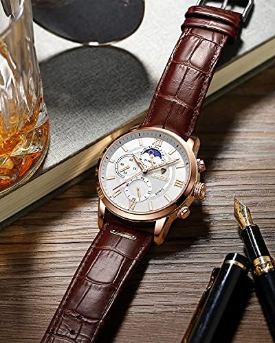 Mens Watches Waterproof with Brown Leather Strap Chronograph Analog ...