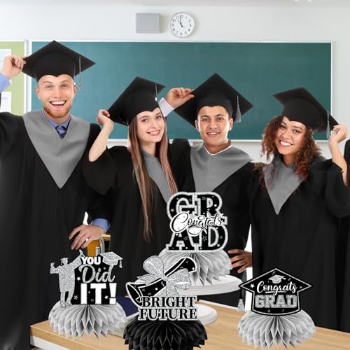 Image of 12pcs Graduation Table Decorations,Black Silver Graduation Decorations 2026 Graduation Centerpieces for Tables,Class of 2026 Centerpieces Honeycomb for Congrats Grad Table Decor(Black)