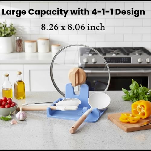 Image of Auoon Silicone Spoon Rest with Lid Holder - 3 in 1 Kitchen Utensil Rest for Soup Ladles, Pot Lids, Spatulas, Spoons, Tongs, BPA Free & Dishwasher Safe, 8.26 x 8.06 Inch (Blue Velvet, Large)