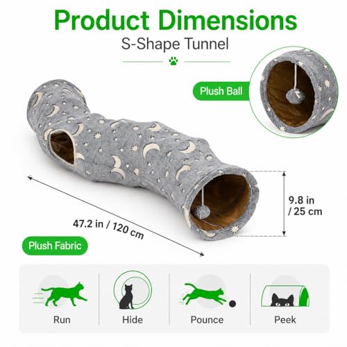 Image of Cat Tunnel Tube with Plush Ball Toys Collapsible Self-Luminous Photoluminescence, for Small Pets Bunny Rabbits, Kittens, Ferrets,Puppy and Dogs Grey Moon Star (S-Shape)