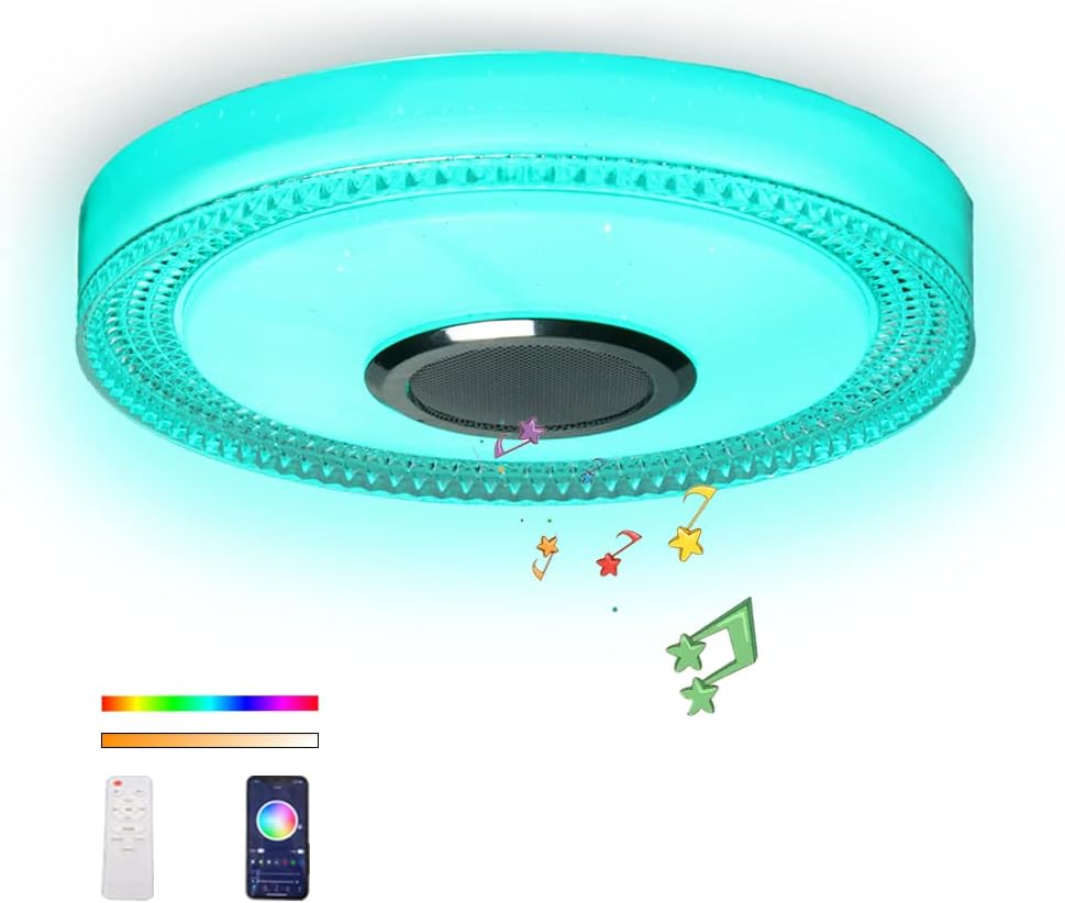 Ceiling Light with Bluetooth Speaker, 3000K-6500K 2100LM RGB Colors Changing, 18W LED Music dimmable Ceiling Fixture, Smartphone APP+Remote Control, Flush Mount Ceiling Lights for Kid Room, Bathroom…