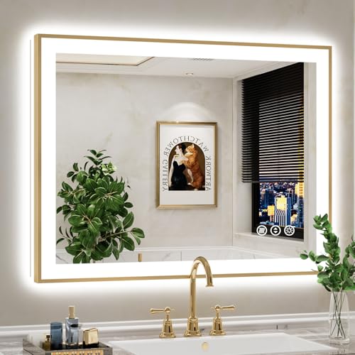 Image of 40x30 LED Bathroom Mirror with Lights, Gold Framed Lighted Mirror | Backlit and Front light, Anti-Fog, 3 Color Dimmable, Memory, Tempered Glass, IP54 Waterproof, UL Listed
