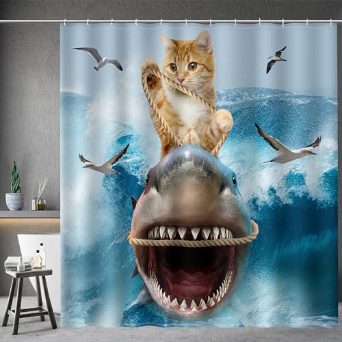 Image of Aimego Long Funny Shower Curtain - Cute Cool Cat Riding Shark Ocean Wave Fun Fabric Cloth Shower Curtain Set with 12 Hooks for Adults Kids Bathroom Decor Accessories Bathtub Curtain, 72 inchx78 inch