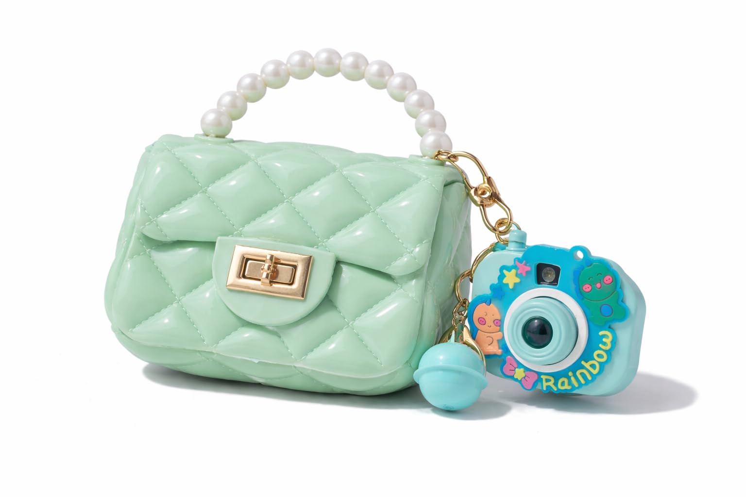 Mini Quilted Jelly Handbag for Girls, Pearl Handle, Gold-Tone Lock, Camera Charm, Crossbody Bag-picture-28