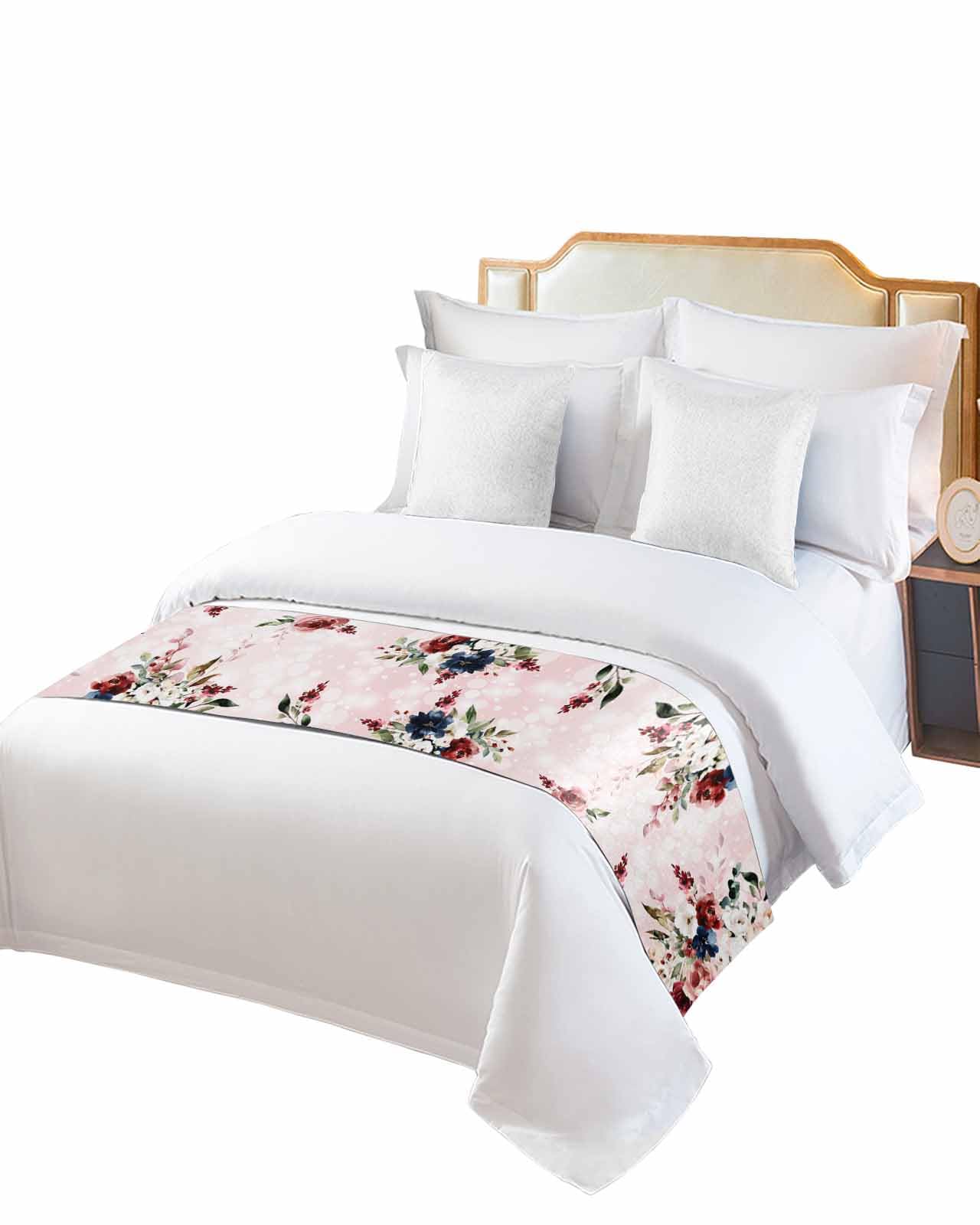 Bed Runner Scarf Valentines Day Pink Vintage Rose Blue Flowers and Eucalyptus Leaves Bedding Scarf Decorative Bed Runners
