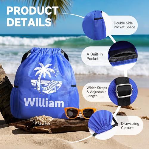 Custom Drawstring Backpack Bag, Wider Straps Sports Gym Sackpack with Mesh Pockets Waterproof String Bag for Men Women(Deep Blue)4