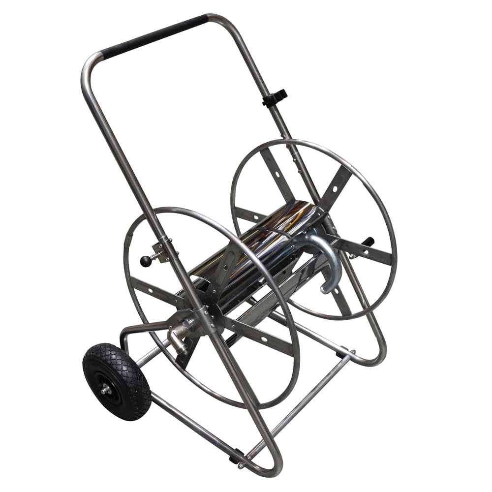 Sirocco Siro Edelstahl Schlauchwagen, 1" Anschluss, Gartenschlauchwagen, Edelstahl/verzinkter Stahl/vernickeltes Messing, 150m Schlauchkapazität, für Garten und Landwirtschaft