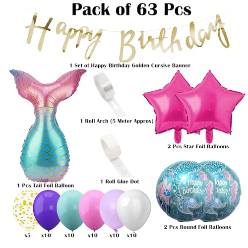 Image of Rozi Decoration Mermaid Balloons for Birthday Decoration Items Set of 63 Pcs Combo Kit - Mermaid Theme Birthday Decoration Kit