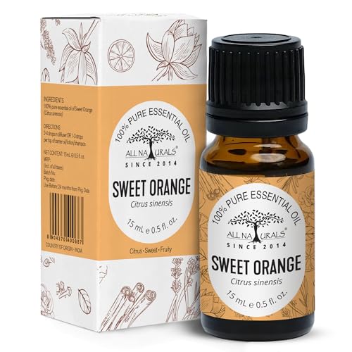 Image of All Naturals Orange Essential Oil (Sweet) 100% Pure for Aromatherapy, Alertness Concentration & Termites - 15 mL
